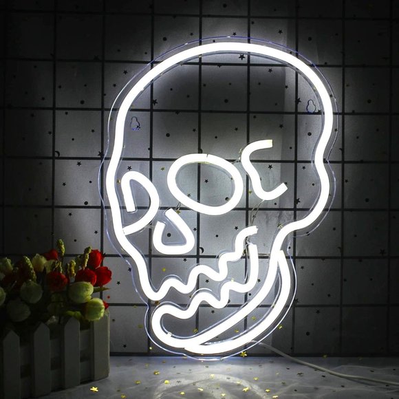 Neon White Skull Emo Goth Halloween Party Holiday Room Dorm Light LED Wall Decor - Picture 1 of 6